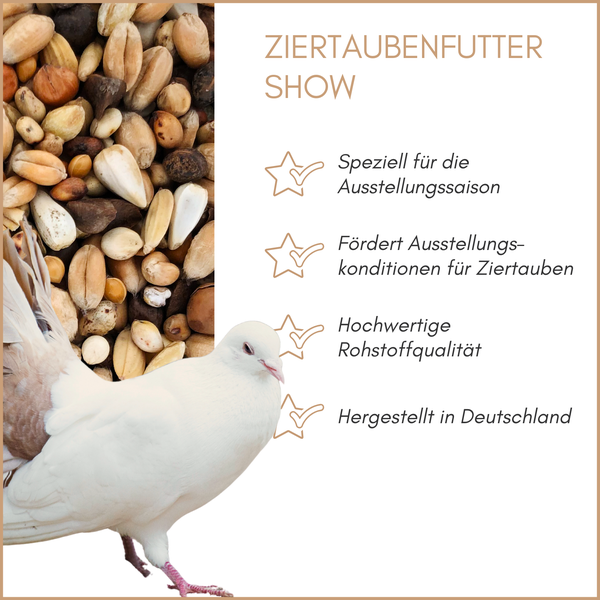 Ziertaubenfutter Show mit einer weißen Taube und dem Hinweis auf hochwertige Rohstoffqualität