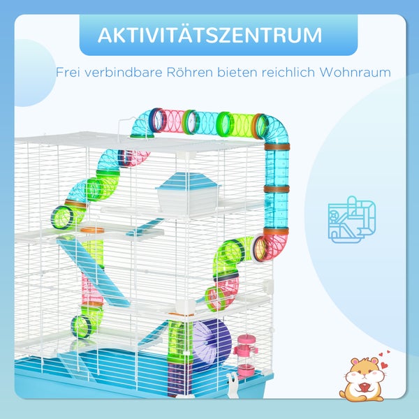 PawHut Kleintierkäfig Kleintierstall mit Rampe und Laufrad 5-Ebenen Käfig Nagerkäfig kleine Haustiere Futternapf Trinkflasche Stahldraht Kunststoff PS Hellblau+Weiß 59 x 36 x 69 cm