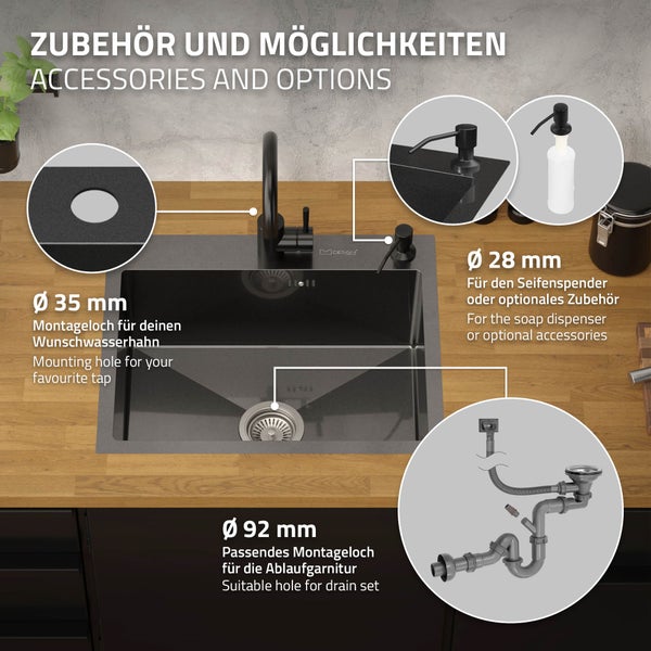 ML-Design Spülbecken Edelstahl 55x45 cm Anthrazit, Küchenspüle Rechteckig, 1 Becken Einbauspüle, Edelstahlspüle mit Ab- und Überlaufgarnitur & Seifenspender, Einzelbecken mit Siphon, Waschbecken Küche
