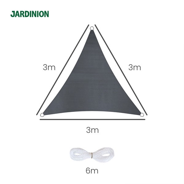 JARDINION Logo, dreieckiges Sonnensegel mit Seitenlängen von 3 Meter und einem 6 Meter langen Seil.