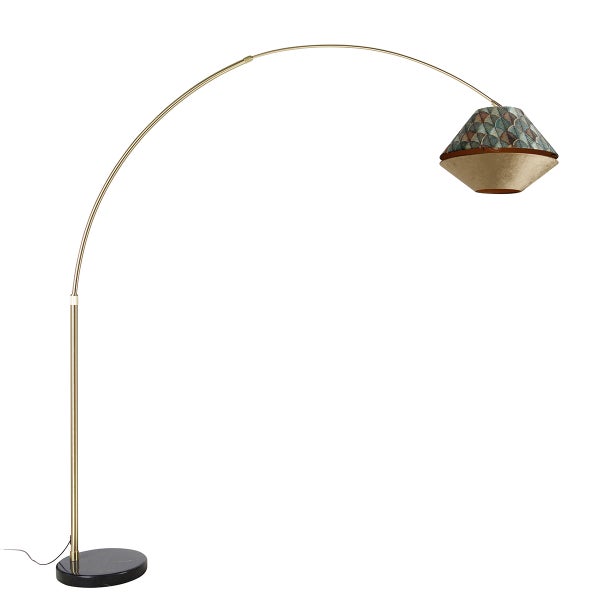 Bogenleuchte mit goldfarbenem Metallgestell, schwarzem Marmorfuß und gemustertem Stoffschirm.