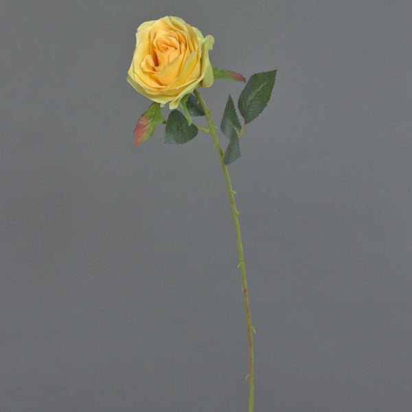 Künstliche Rose mit gelber Blüte und grünem Stiel.