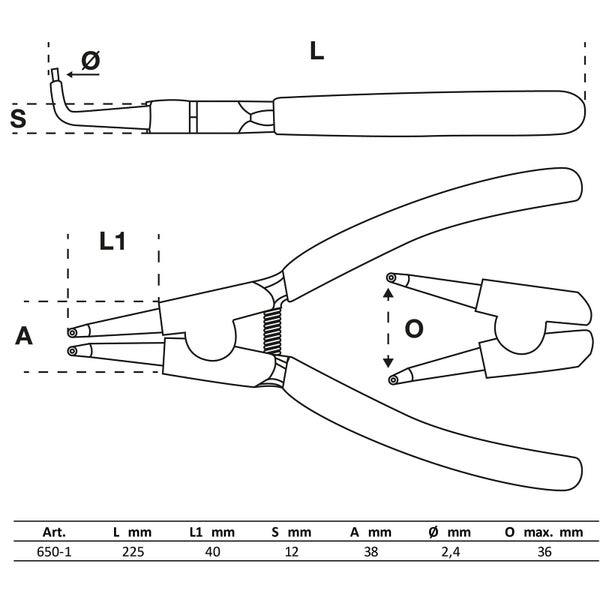 BGS Sprengringzange abgewinkelt für Außensprengringe 225 mm - 650-1