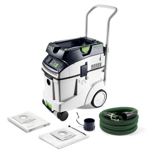 Festool Absaugmobil CLEANTEC mit Schubbügel, Saugschlauch und Filtersäcken.
