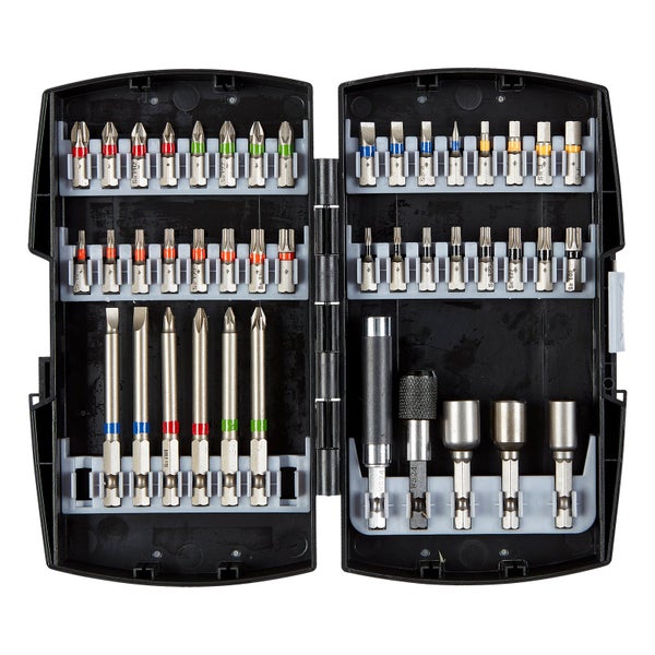 Bitset mit verschiedenen Schraubendreherbits in einem schwarzen Kunststoffkoffer