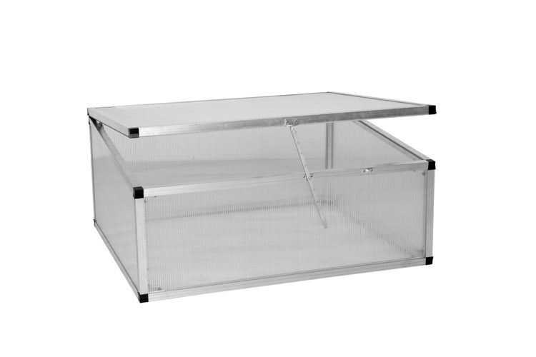 Frühbeet aus Aluminium mit lichtdurchlässigen Hohlkammerplatten aus Polycarbonat und aufklappbarem Deckel.