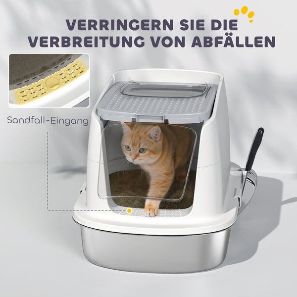Katzentoilette mit Edelstahlschale, transparenter Schwingtür und integriertem Sandfall-Eingang zur Reduzierung von Streuverlusten.
