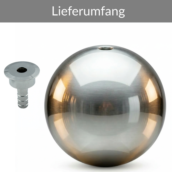 Lieferumfang bestehend aus einer Edelstahlkugel mit Bohrung und einem Schlauchanschluss.