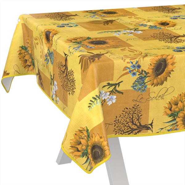 Tischdecke mit Sonnenblumen-Muster, Bäumen und Schriftzug Le Soleil