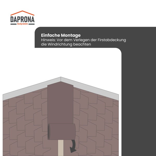 Daprona Logo und Diagramm zur Montage einer Firstabdeckung auf einem Schindeldach mit Hinweis zur Beachtung der Windrichtung.