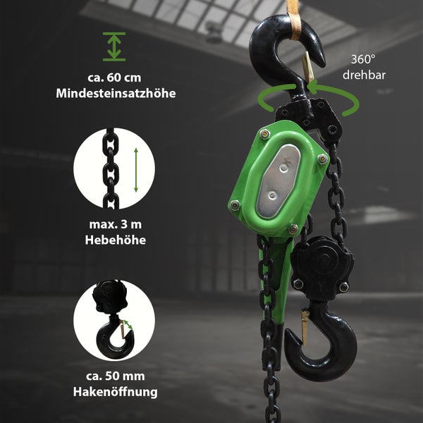 Manueller Hebelzug mit Kette, 3 Meter Hebehöhe, 360 Grad drehbarer Haken und 50 Millimeter Hakenöffnung für sichere Hebearbeiten.