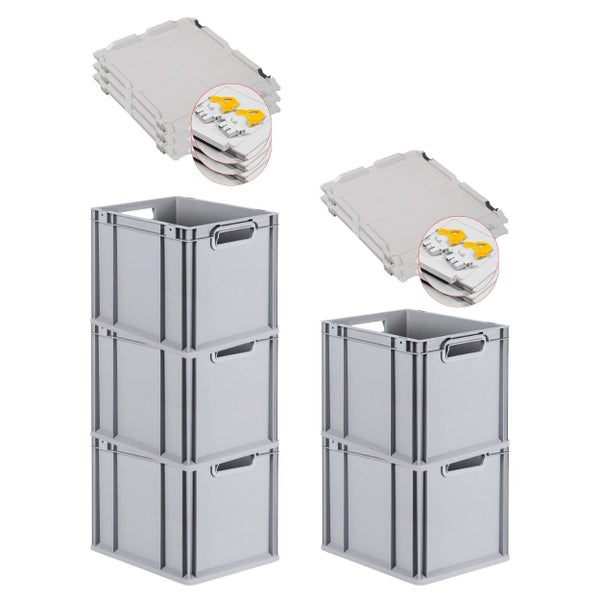 PROREGAL Spar Set 5x Eurobox Nextgen Economy Mit Scharnierdeckel & Gelben Schiebeschnappverschlüssen Griffe Offen HxBxT 32 x 30 x 40 cm 30 Liter