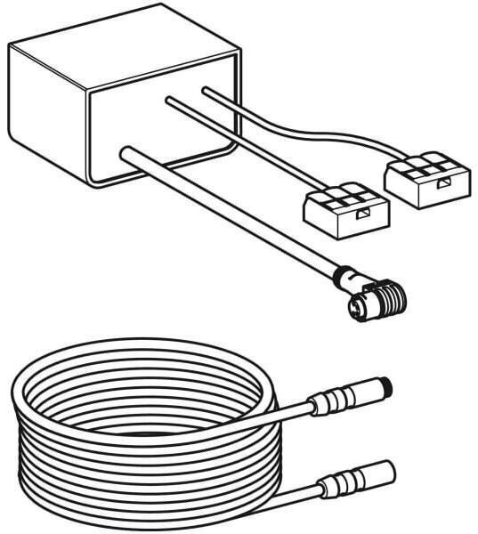 Elektrischer Transformator mit zwei Ausgangsanschlüssen und einem Verlängerungskabel für Niedervoltbeleuchtung.