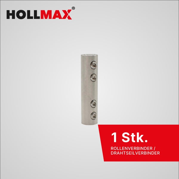 Hollmax Logo. Zylindrischer Drahtseilverbinder aus Edelstahl mit vier Schrauben. 1 Stück.