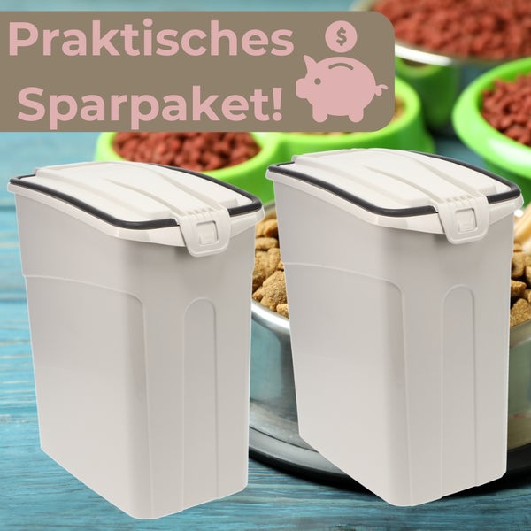 Zwei Futtertonnen für Tiernahrung als praktisches Sparpaket.