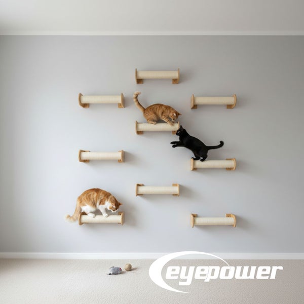 Wandkletterparcours für Katzen mit Sisaloberfläche und Holzelementen an einer Wand befestigt, Eyepower Logo.