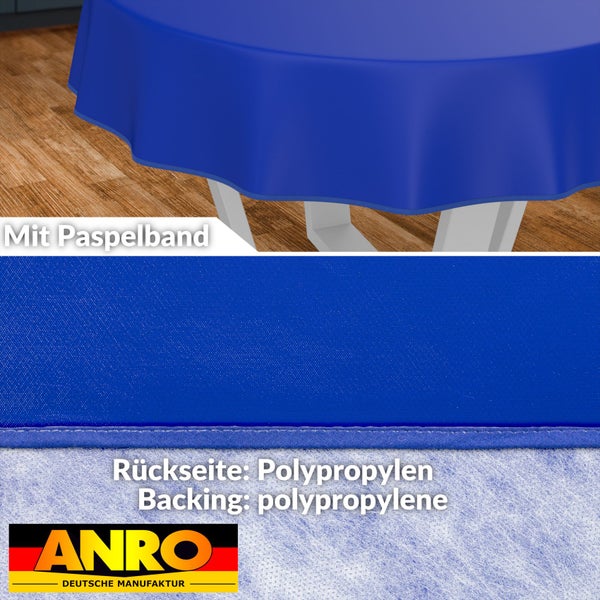 Blaue Tischdecke mit Paspelband und Polypropylen-Rückseite