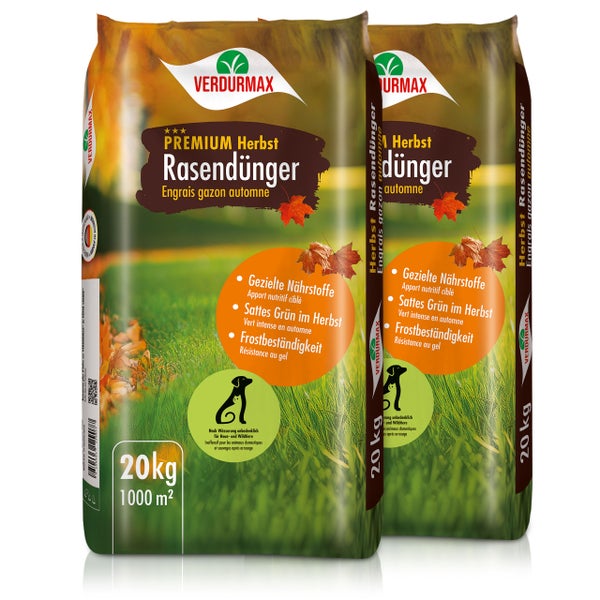 Zwei Säcke Verdurmax Premium Herbst Rasendünger mit einem Gewicht von je 20 Kilogramm