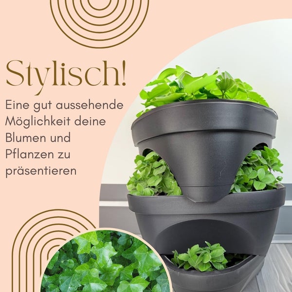 Erdbeertopf Pflanzturm Blumentopf Hoch Pflanzsäule Kräutertopf Balkon Pflanzkübel Anthrazit Kräuterturm Pflanztopf Outdoor Säulentopf SET 3 Ebenen Roller