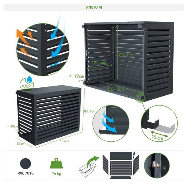 Aneto M Gerätehaus mit Abmessungen und Details zur Belüftung