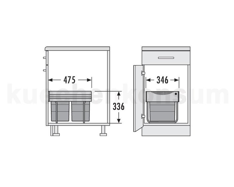 Maße für Mülleimer-Einbausystem im Küchenschrank: Breite 346 Millimeter, Höhe 336 Millimeter, Tiefe 475 Millimeter.