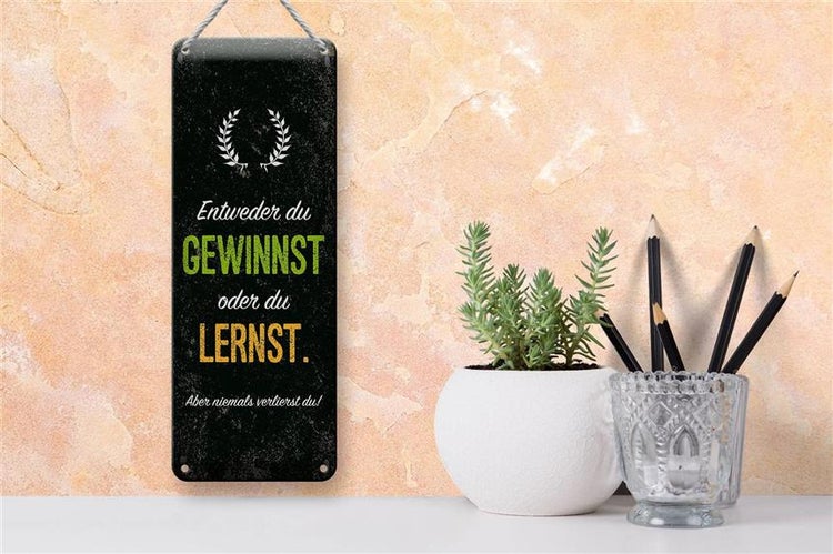 Blechschild Spruch Entweder du gewinnst oder lernst 10x27cm