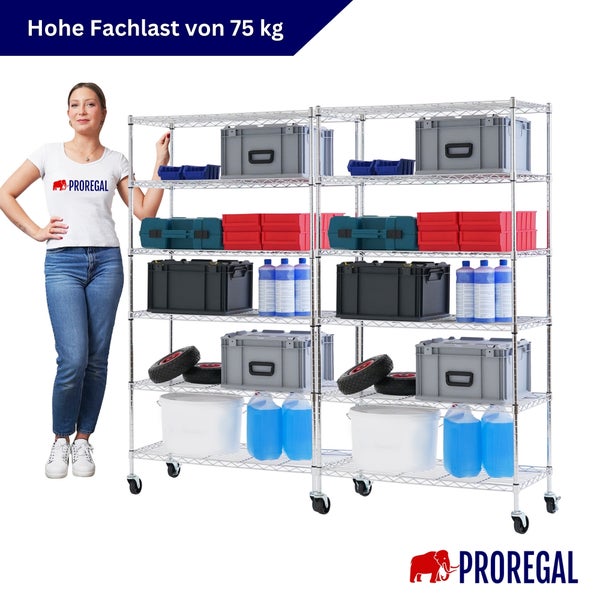 Mobiles Proregal Drahtgitterregal mit 5 Böden, beladen mit Boxen. Eine Frau steht daneben. Fachlast von 75 Kilogramm. Proregal Logo.