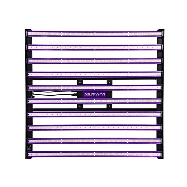 Lumatek LED-Pflanzenlampe mit zehn Lichtleisten und violettem Rahmen für die Pflanzenzucht.