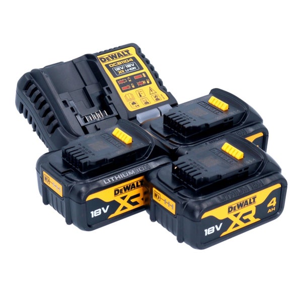 DeWalt Akku-Starter-Set mit Ladegerät DCB1104 und drei 18 Volt XR Lithium-Ionen-Akkus mit 4 Amperestunden.