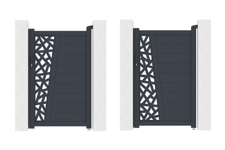 Modernes Gartentor aus Aluminium in Anthrazit mit lasergeschnittenem Muster und horizontalen Lamellen zwischen zwei Pfosten.