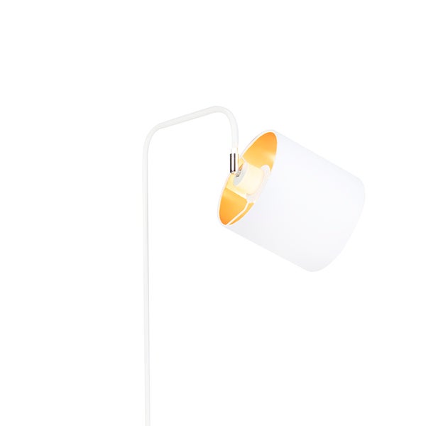 Bogenstehleuchte mit weißem Gestell und Schirm, Innenseite goldfarben.