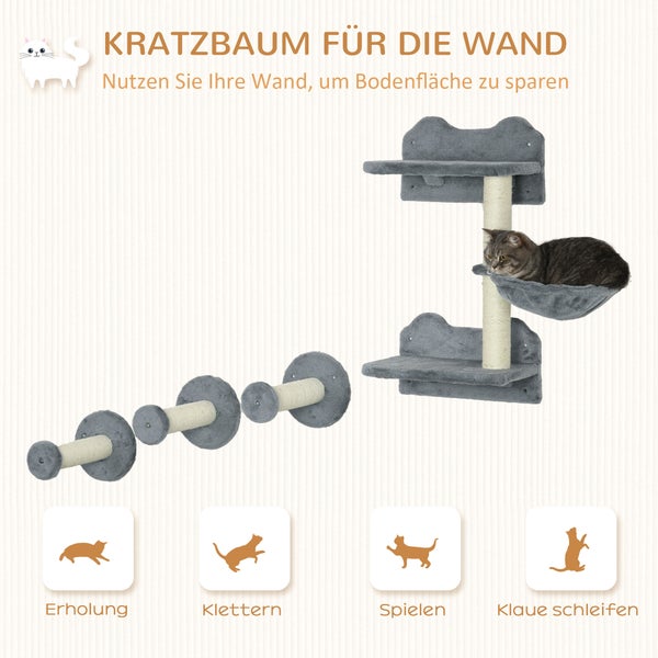 PawHut Katzen Kletterwand, 4-teilig, Katzenkletterwand, inkl. 1 x Sprungturm, 3 x Kratzbäume, Kletterwand Set, Kratzbaum mit Hängematte, Wandliege Katzen, Katzentreppe, Sisal, Grau+Beige