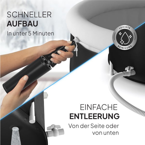 Aufblasbarer Whirlpool mit Handpumpe für schnellen Aufbau, einfacher Reinigung und Entleerungsventilen an Seite und Boden.