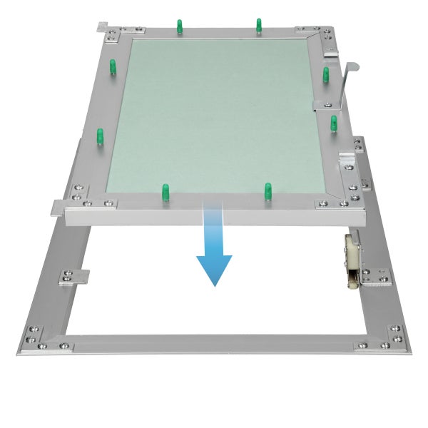 Revisionsklappe mit Aluminiumrahmen und Gipskartoneinlage, Pfeil zeigt Öffnungsrichtung nach unten.