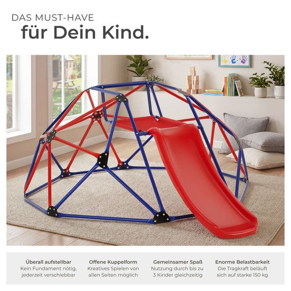 Kletterkuppel aus Metall in Blau und Rot mit roter Rutsche für Kinder.