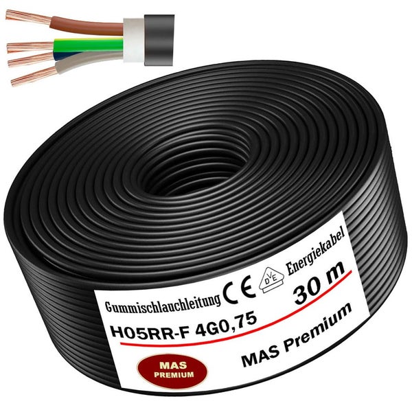Gummischlauchleitung H05RR-F 4G0,75 von MAS Premium, 30 Meter, vieradriges Energiekabel mit CE-Kennzeichnung, VDE-Prüfzeichen und MAS Premium Logo.