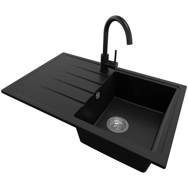 PRIMAGRAN Granitspüle Schwarz 78x50cm, Spülbecken 1 Becken + Küchenarmatur 32x20cm + Ablauf-Set, Küchenspüle ab 45er Unterschrank - Mailand