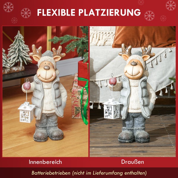 HOMCOM Weihnachtsdeko Figur, Rentier mit Laterne, 52 cm Weihnachtsfigur mit LED-Licht, Dekofigur zu Weihnachten, für In- und Outdoor, Metall
