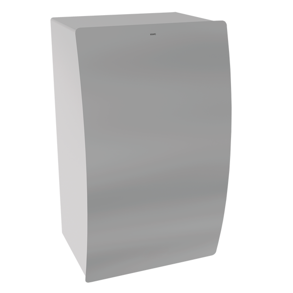 KWC Händetrockner aus Edelstahl zur Wandmontage mit gewölbter Frontseite.