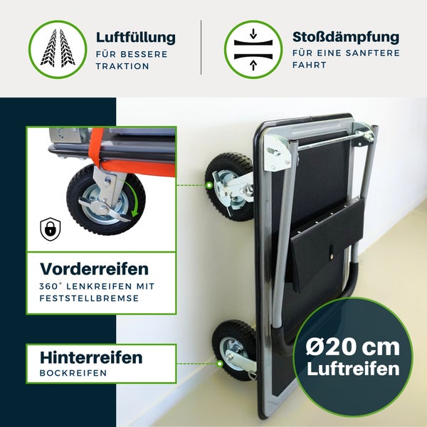 Plattformwagen mit 20 Zentimeter Luftreifen für Stoßdämpfung und Traktion. 360 Grad lenkbare Vorderreifen mit Feststellbremse und Bockrollen hinten.