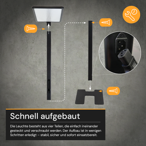 Infografik zur Montage einer Stehleuchte aus vier Teilen mit Schraubverbindungen und Stromanschluss.