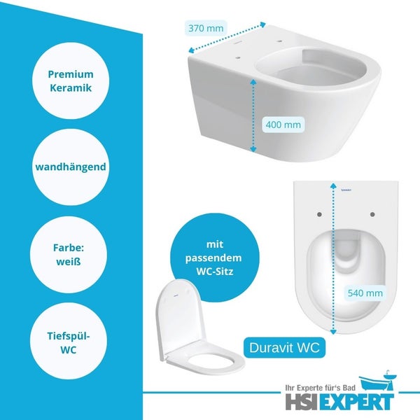 Duravit Wandtiefspül WC aus Premium Keramik mit WC Sitz und den Maßen 370, 400 und 540 Millimeter