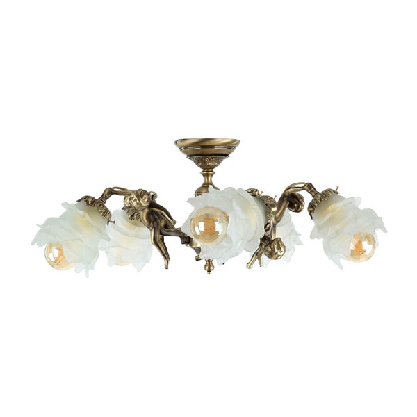 Deckenleuchte mit fünf Lampen in Blumenform und Engelsfiguren