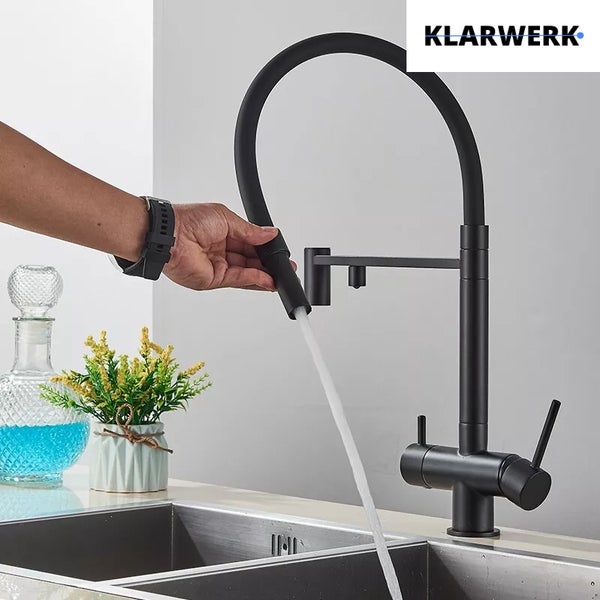 Lana | 3 Wege Schwarz matt ausziehbare Armatur | Edelstahl Trinkwasser Osmose Wasserhahn Küche |Mischbatterie - 360 Grad drehbar | Filter 3 Anschlüsse