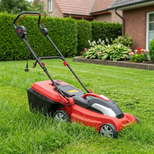 Elektrorasenmäher auf einer Rasenfläche vor einem Haus