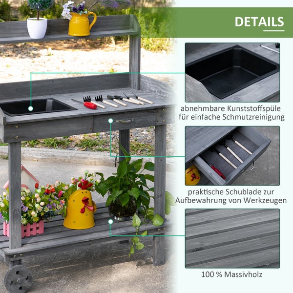 Outsunny Pflanztisch mit Schublade 2 Stufen Gärtnertisch mit waschbecken und Rollen Garten Tannenholz Grau 92 x 45 x 119 cm
