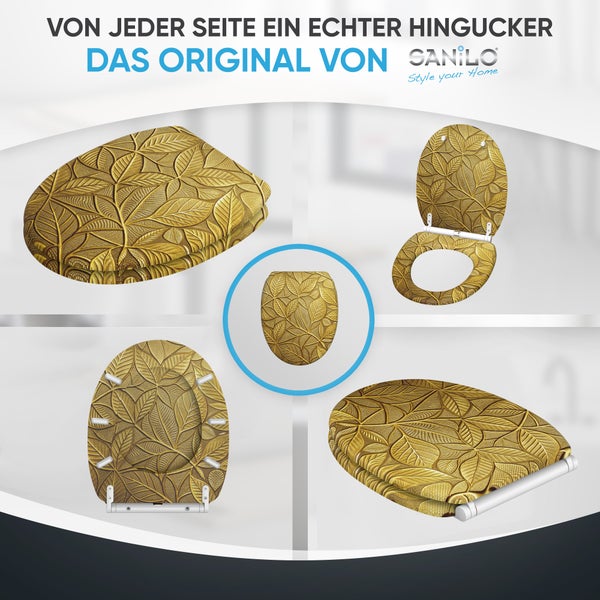 Sanilo Toilettensitz mit goldenem Blätterrelief, verschiedene Ansichten im geöffneten und geschlossenen Zustand. Sanilo Logo.