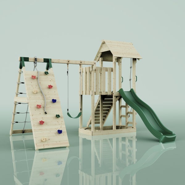 Spielturm aus Holz mit Rutsche, Schaukel und Kletterwand