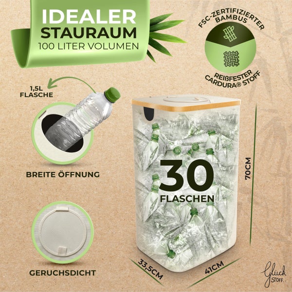 Glückstoff® Pfandflaschen Sammelbehälter [inkl. XXL Tragetasche] Flaschensammler für Küche & Abstellraum | Aufbewahrung für Leergut & Altglas | Flaschentasche | Beige