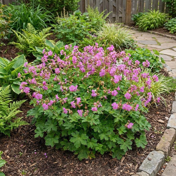 Blühender rosa Storchschnabel in einem Gartenbeet mit Rindenmulch, Farnen und Hostas.